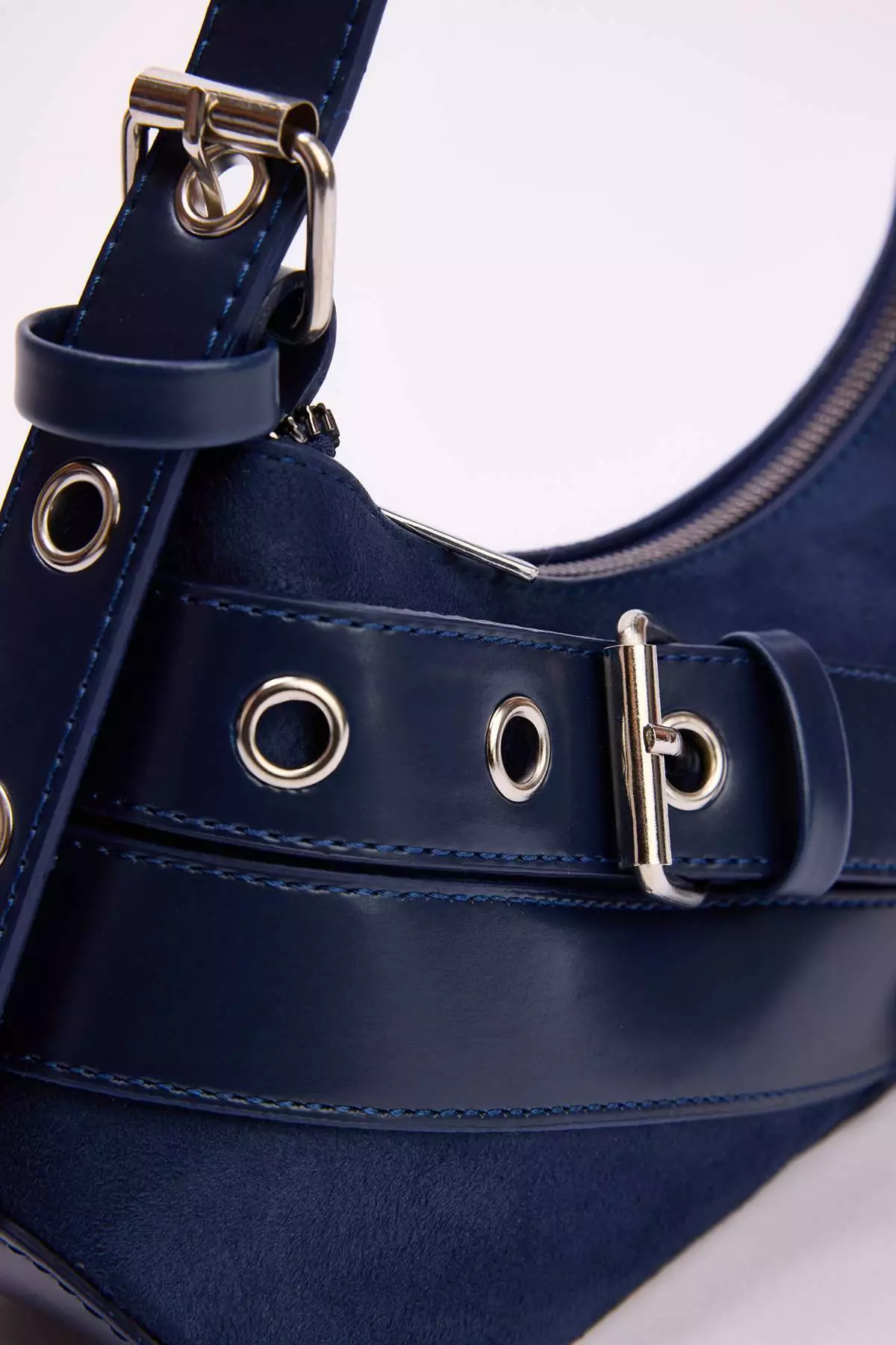 Navy Blue Eyelet Belt Buckle Detailed Medium Size Women'S Baguette Shoulder Bag Takss25Oc00069