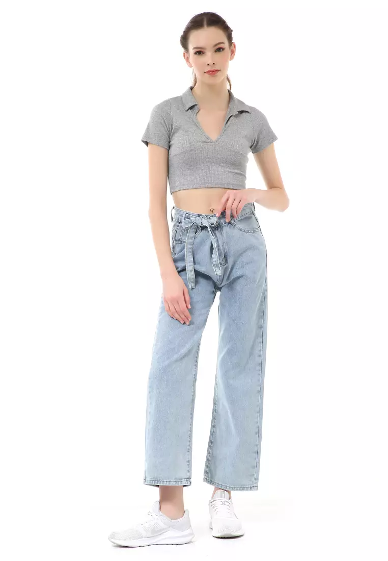 Stella Highwaist Jeans Kulot Wanita Long Pants Belt Design Material Denim ORIGINAL - Light Blue
