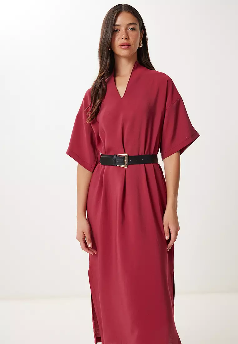 Women's Burgundy Belted Slit Summer Modal Dress No00028