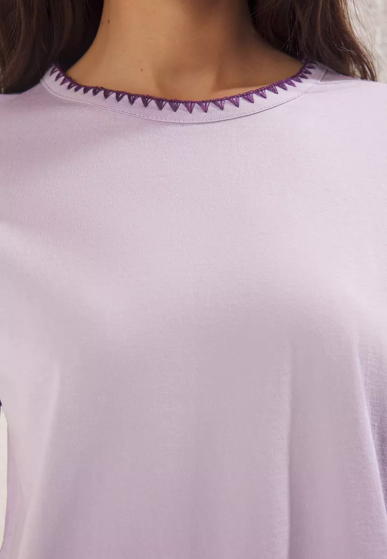 Lilac 100% Cotton Contrast Stitch Detail Basic Crew Neck Knitted T-Shirt TWOSS19AD0085
