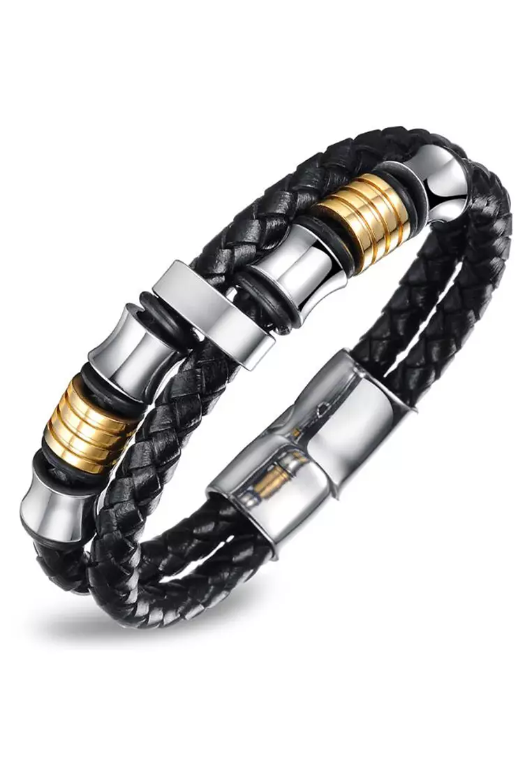 YOUNIQ Duo Titanium Steel Circle Genuine Black Leather Bracelet for Men