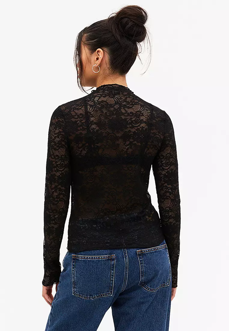 Monki long sleeve stretch sheer lace top in black