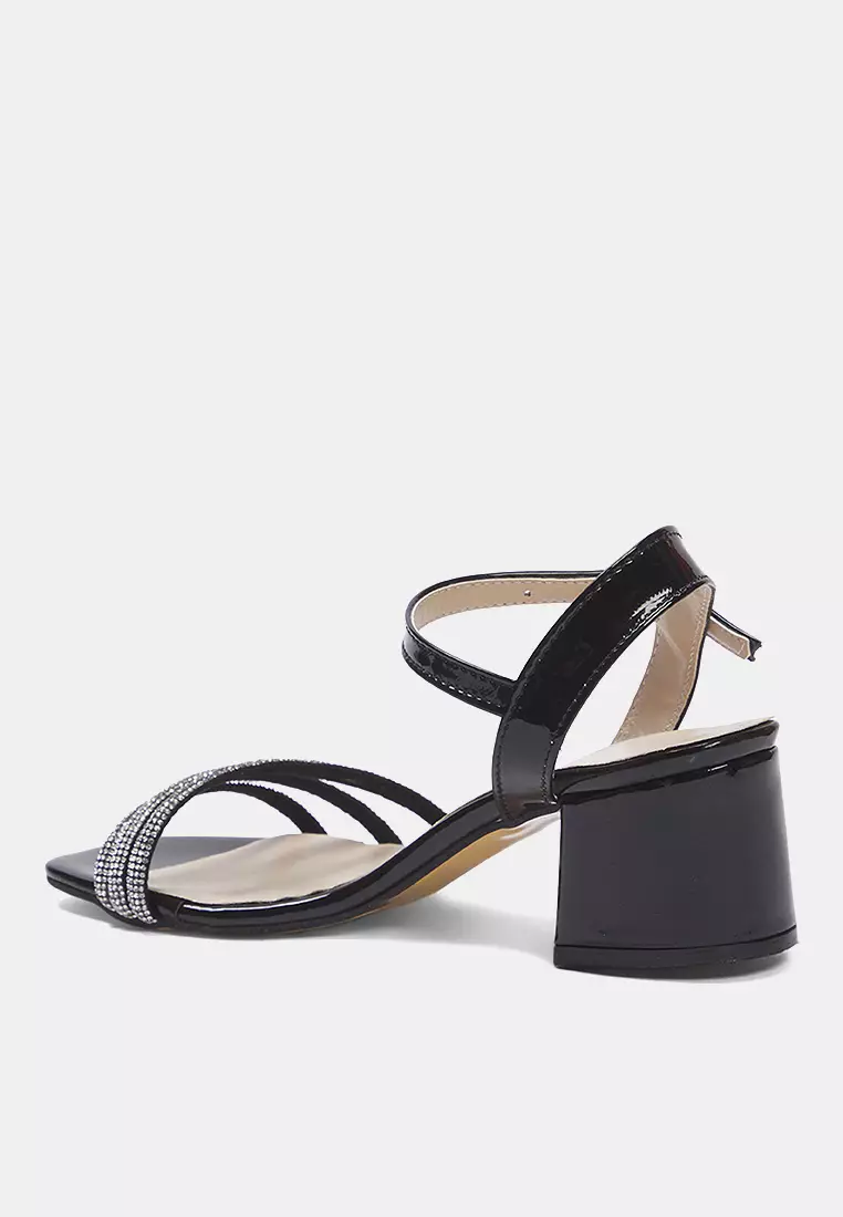 Black Rhinestone Square Toe Women Evening Dress Block Heels Sandals Takss25To00067