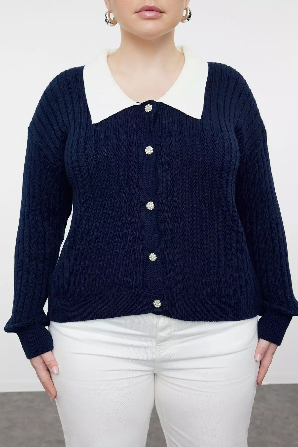 Navy Blue Knitwear Plus Size Cardigan Tbbaw23Av00084
