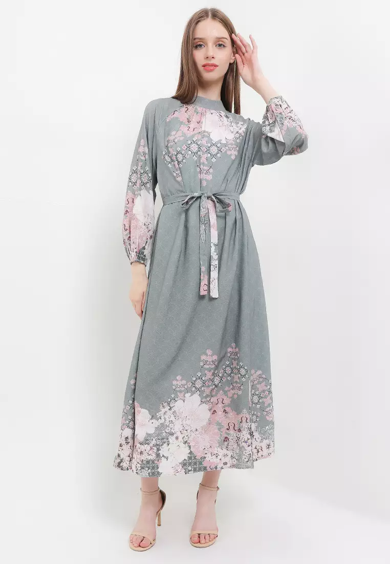L/S Flo Print Highneck Dress W/ Belt
