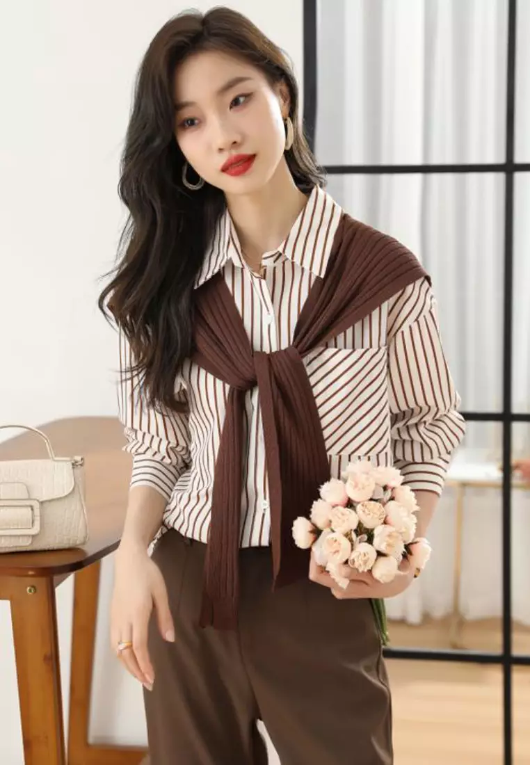 Striped Long Sleeves Shirt With Scarf (2pcs)