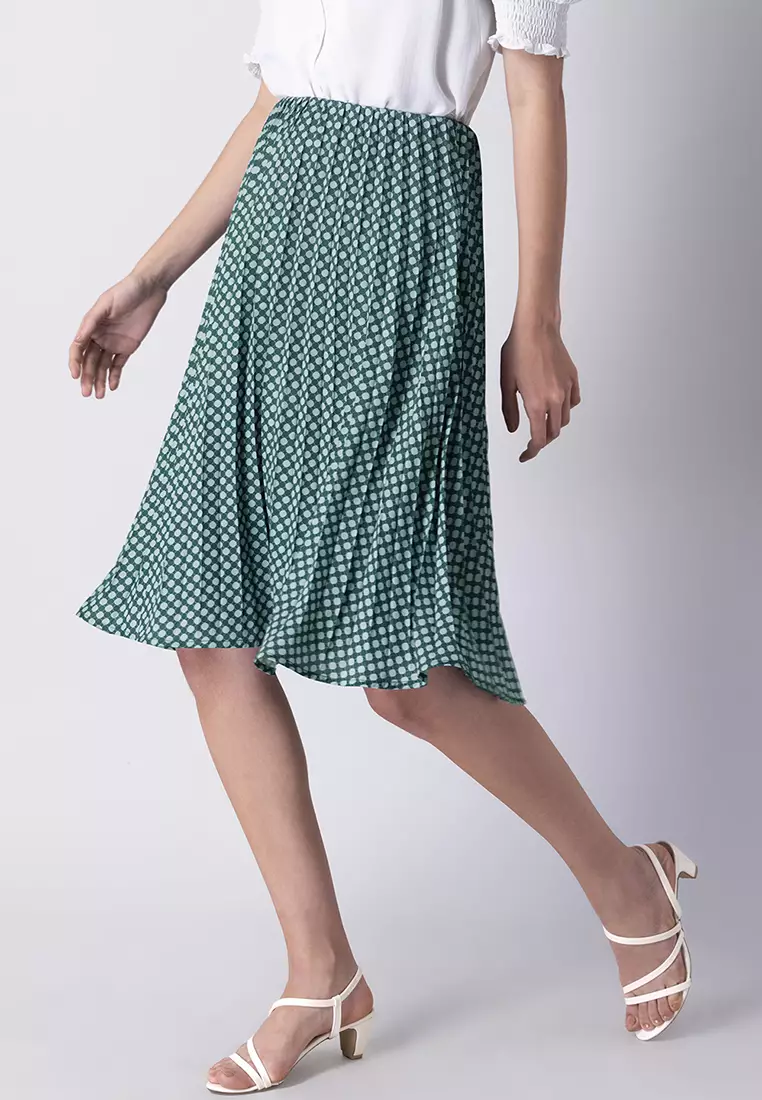 Green Pleated Satin Abstract Midi Skirt