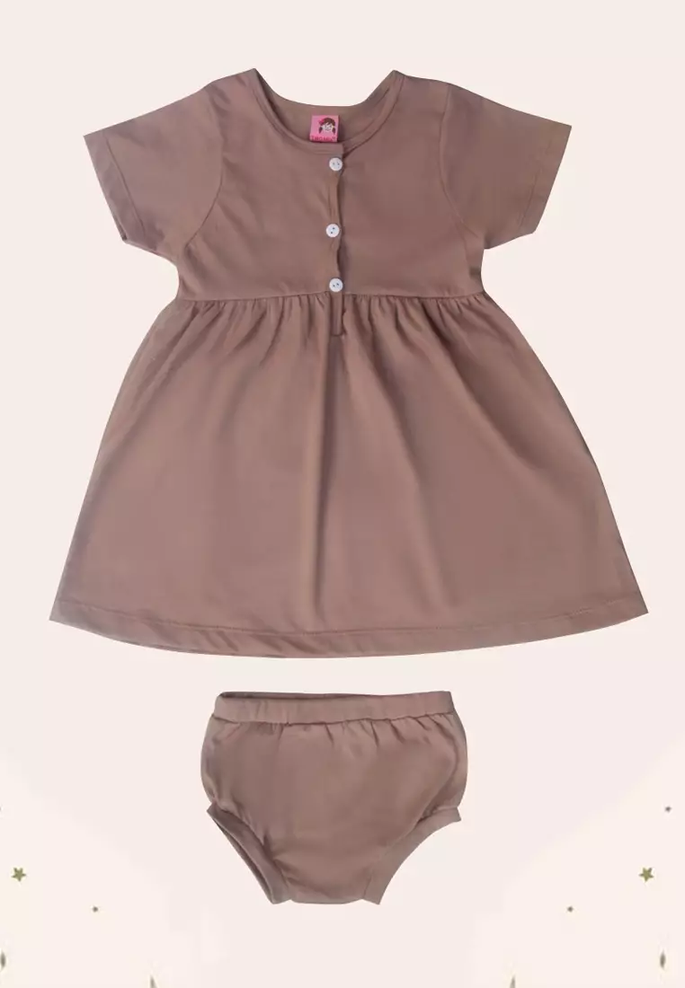Two Mix Short Sleeve Dress - Dress Anak Perempuan Bahan Katun Combed 4219 Brown