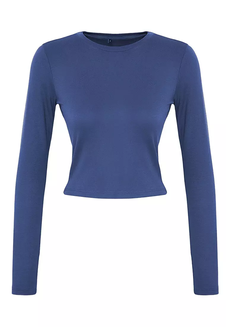 Indigo Crew Neck Crop Flexible Knitted Blouse