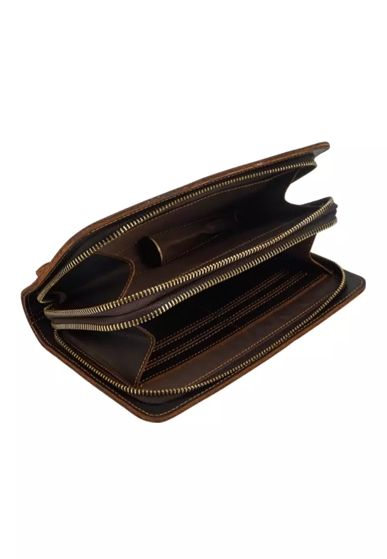 Men's Vintage Genuine Leather Double Zipper Clutch Purse Long Wallet