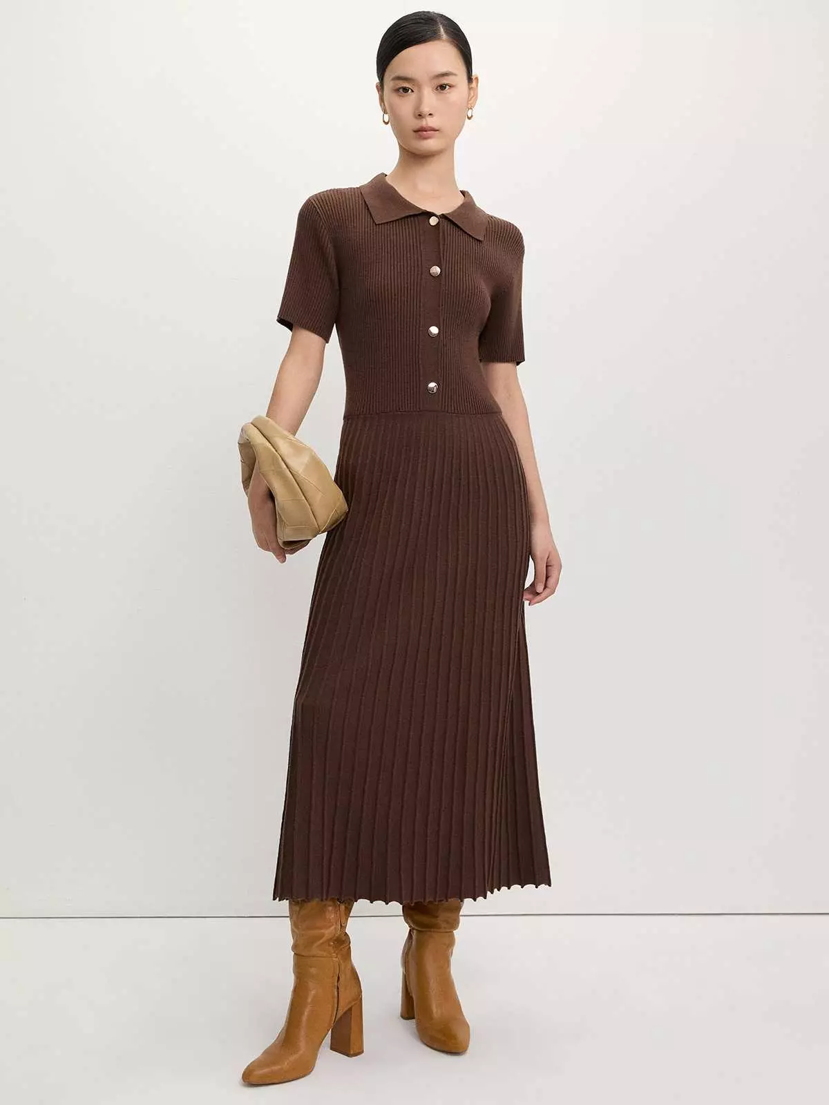 Pomelo - Midi Dress Wanita - Buttoned Pleat Knit Dress - Dark Brown