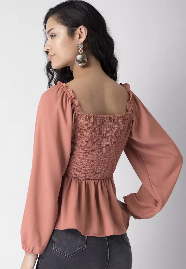 Sleeve Ruched Red Peplum Top With Sleeves Buy FabAlley Front - Main Image