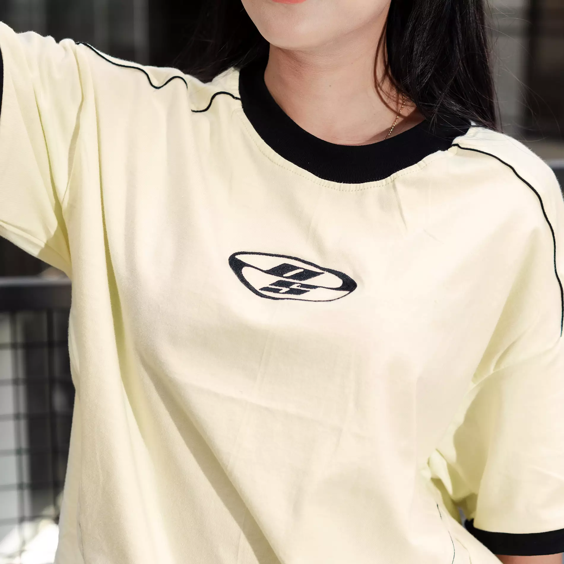 OOTDSUPPLY Oversized Boxy Neocore Embroidery Ringer Line Cream | Oversize Pria & Wanita | Kaos Unisex | OS-OVZ-BX-RL-NE