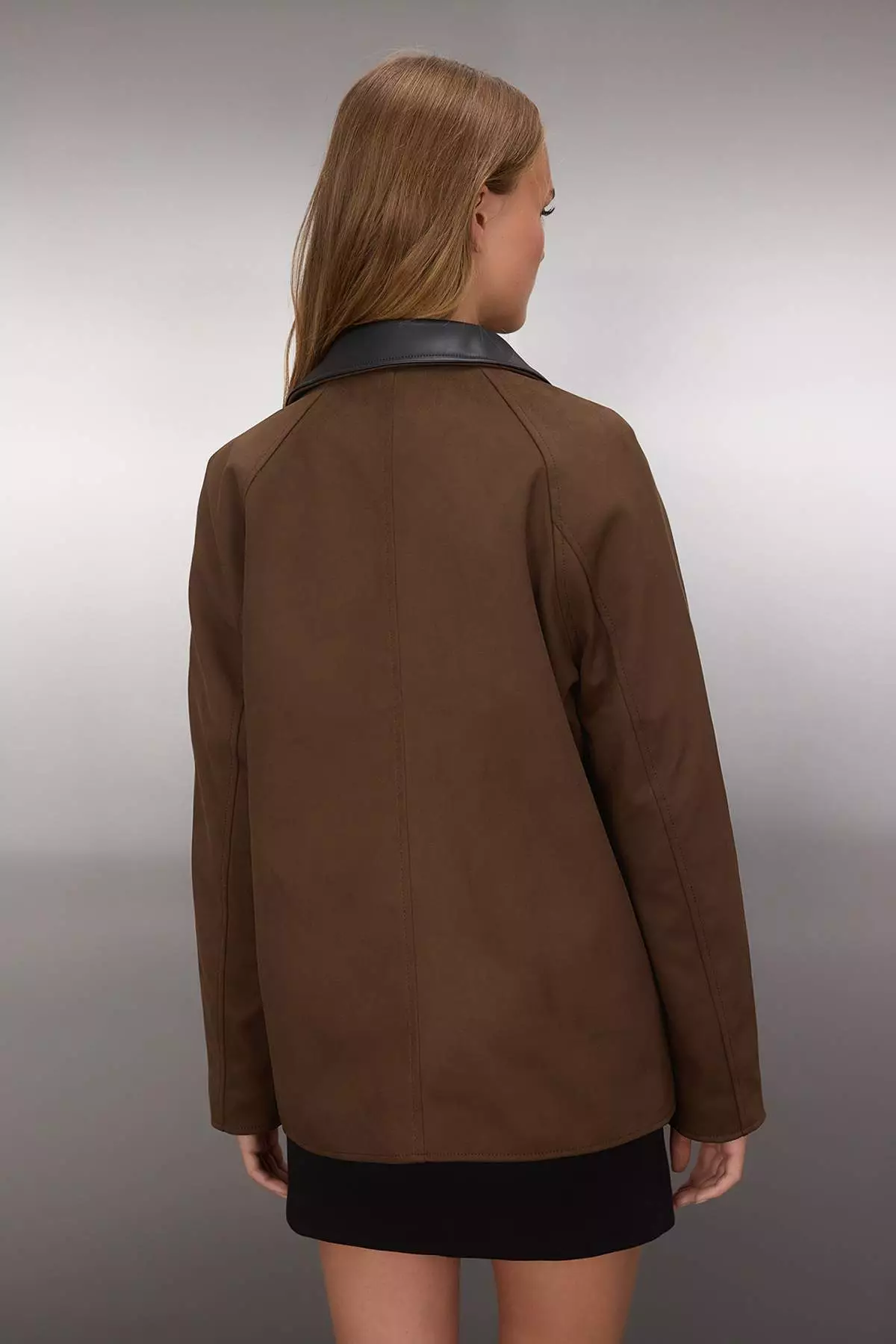 Brown Regular Pattern Collar Faux Leather Detailed Suede Thin Jacket Coat