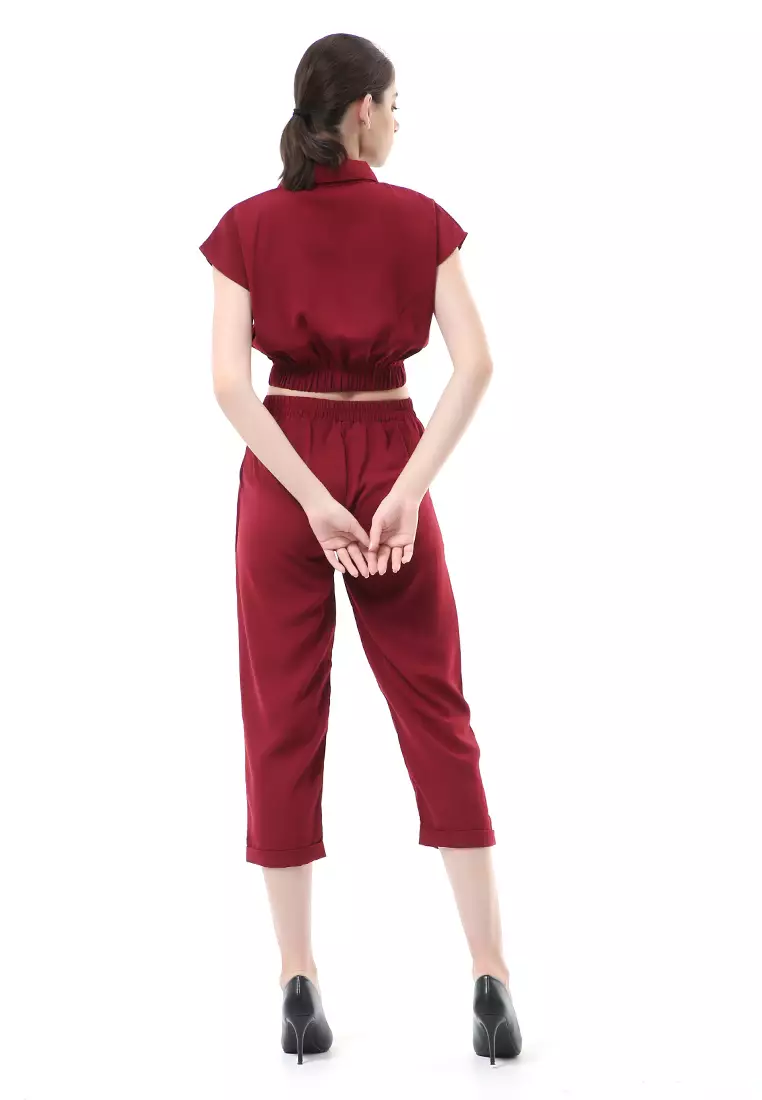 Nayra One Set Setelan Atasan Crop Karet Lengan Pendek Basic Pants Wanita Material Dolce ORIGINAL - Maroon