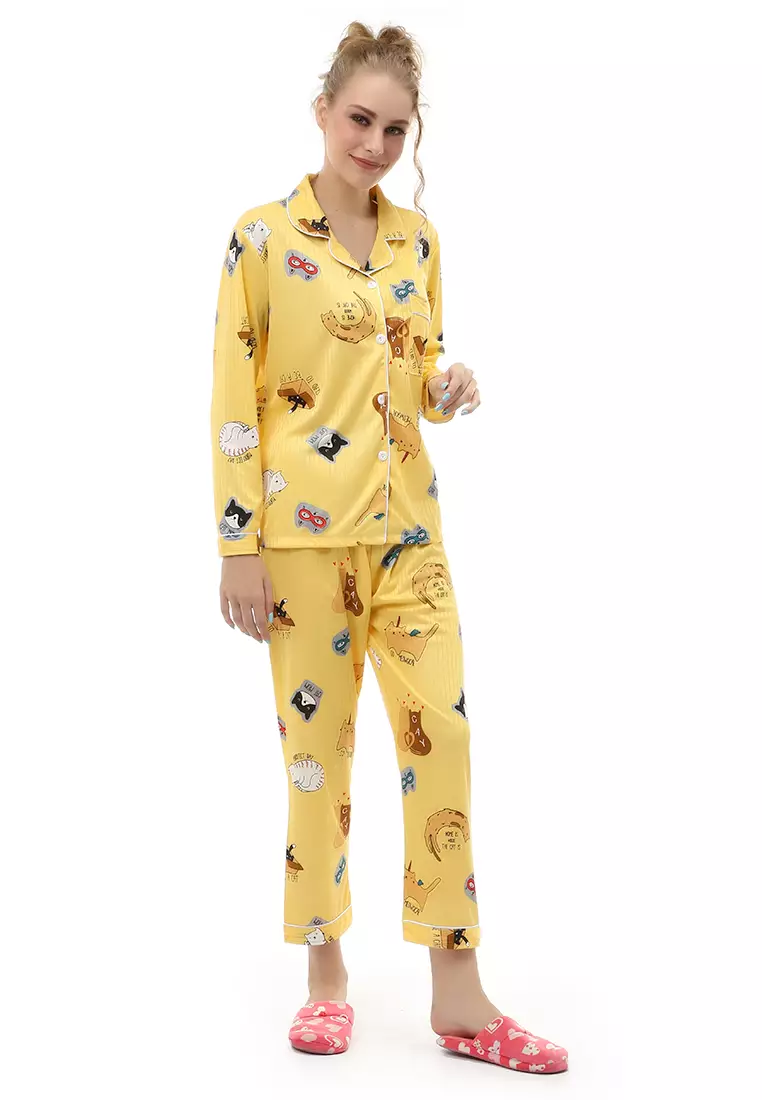 Vance Setelan Piyama Baju Tidur Wanita Lengan Panjang Motif Cat Home Material Cotton ORIGINAL - Yellow