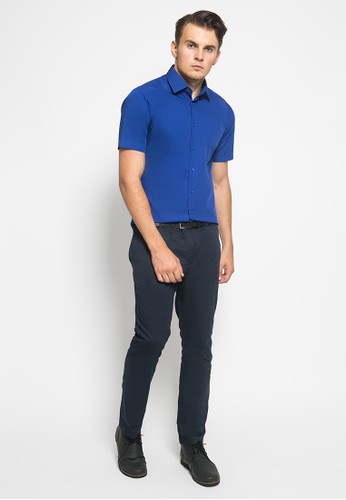 Jual Alisan Alisan Kemeja Polos Slimfit Lengan Pendek Biru Tua Original Zalora Indonesia