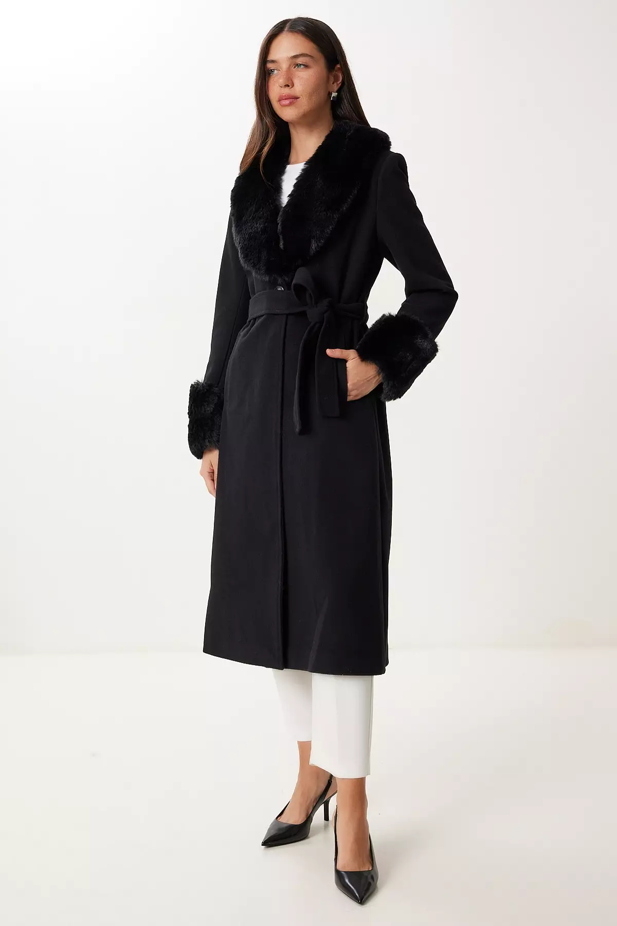 Buy Happiness Istanbul Women's Black Fur Collar Belted Cashmere