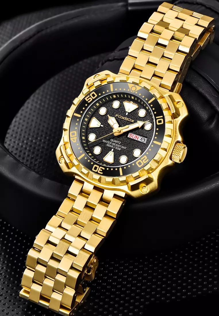 Buy LIGE FOXBOX Unisex IP Gold Stainless Steel Diver's Quartz Watch ...