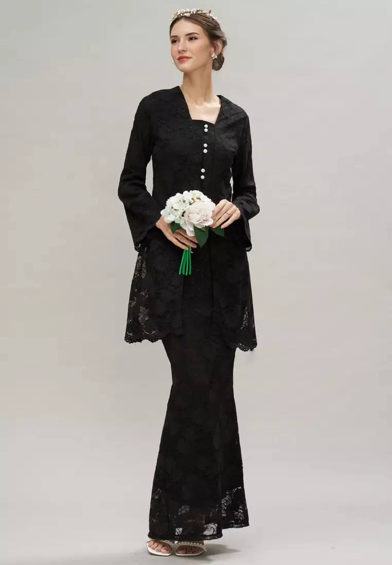 Black Lace Puff Sleeve Modern Kebaya and Maxi Lace Skirt Malay Wedding
