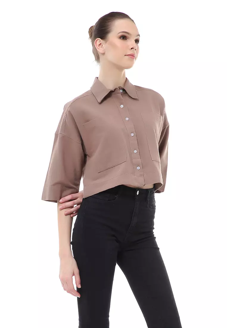 Brielle Atasan Wanita Kemeja Crop Oversize Shirt Lengan Panjang Material Linen ORIGINAL - Tiramisu