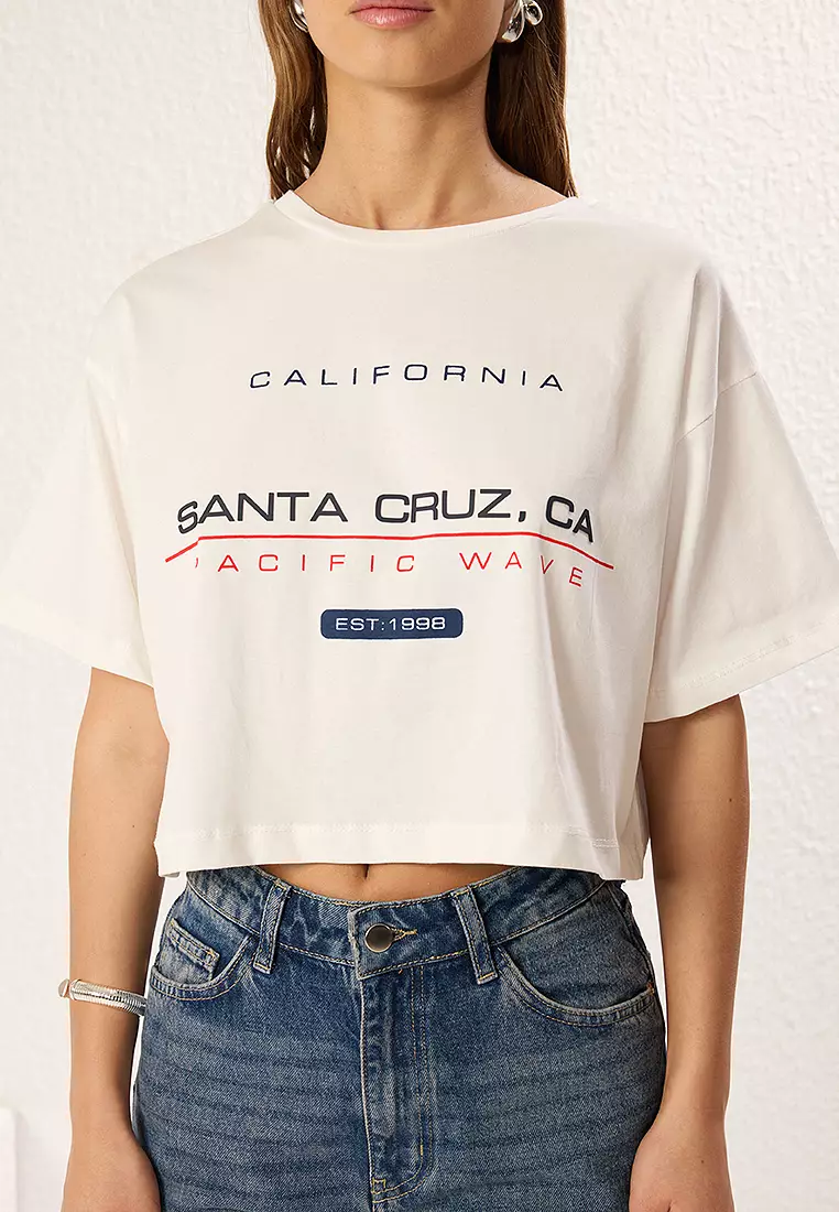 Ekru Relaxed/Comfortable Fit High Slogan Printed Knitted T-Shirt