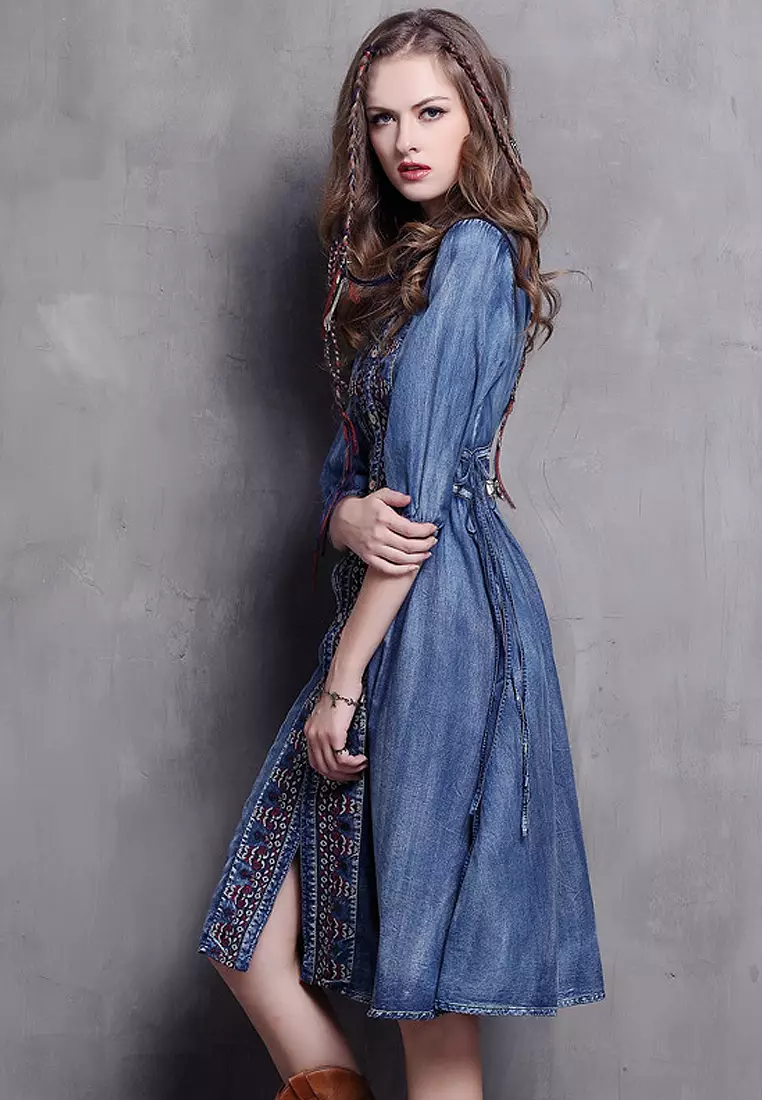 Buy Twenty Eight Shoes VANSA Ethnic Embroidered Denim Dress VCW