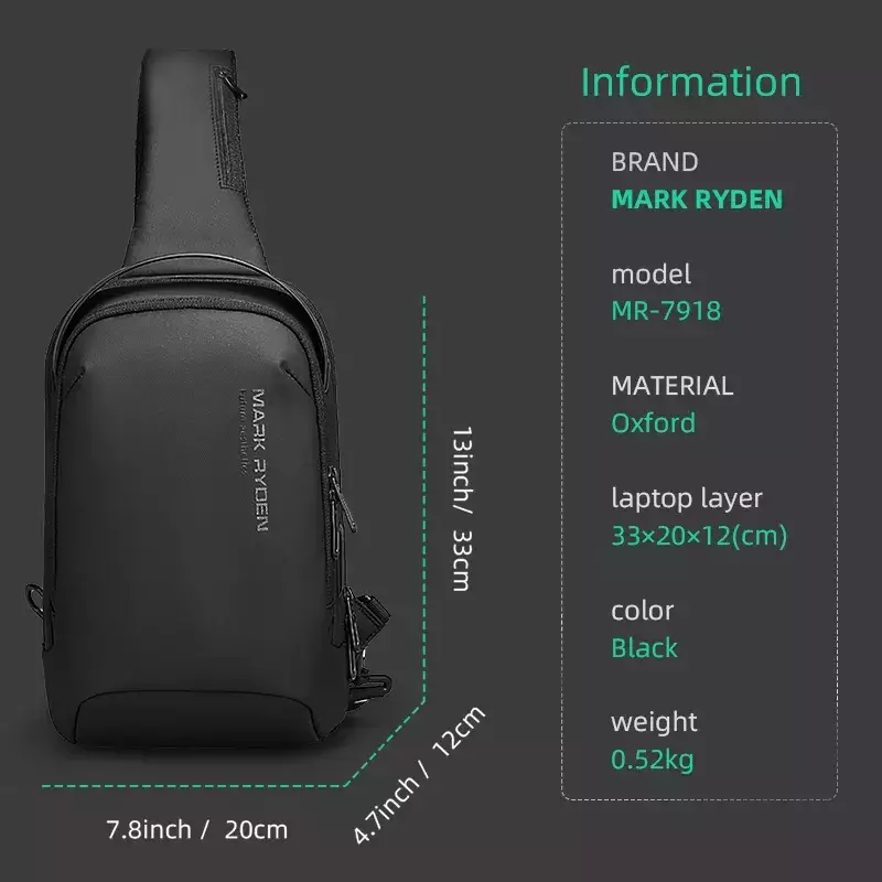 Mark Ryden MR7918 Tas Selempang Pria WaistBag Pria Sling Bag Pria Crossbody Bag USB - BLACK
