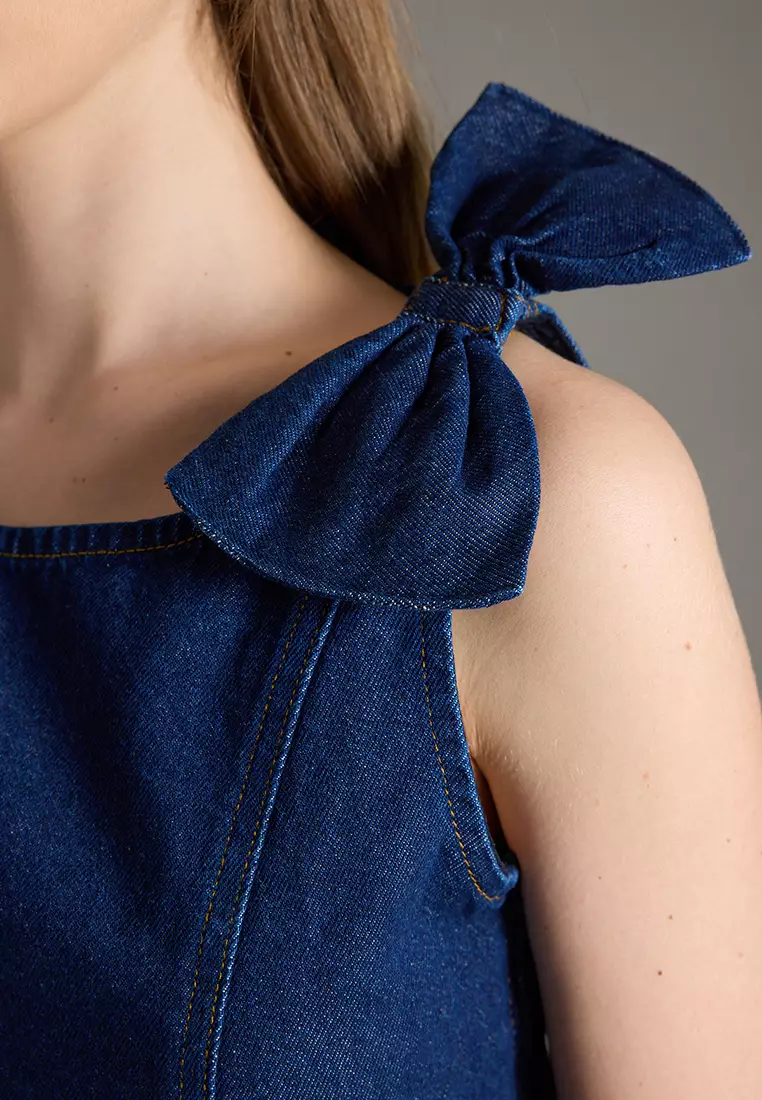 Dark Blue Ribbon/Bow Detail Cropped Denim Blouse TWOSS25BZ00476