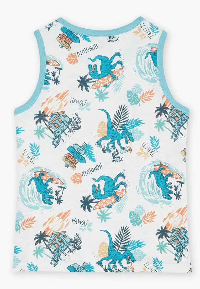 Ecru Tank Top Mit Surfer-Dinosaurier-Print
