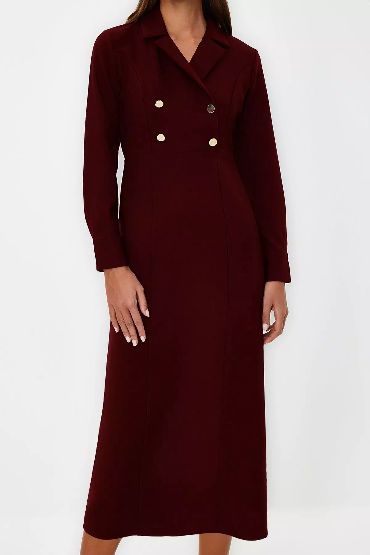 Burgundy Double Breasted Collar With Gold Button Detail Woven Dress Tctss24Eb00020
