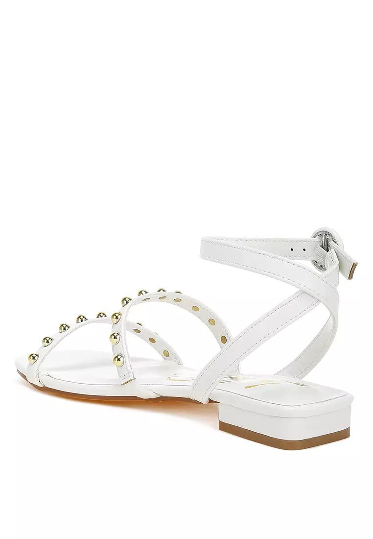 Studded Ankle Strap Flat Sandals in White