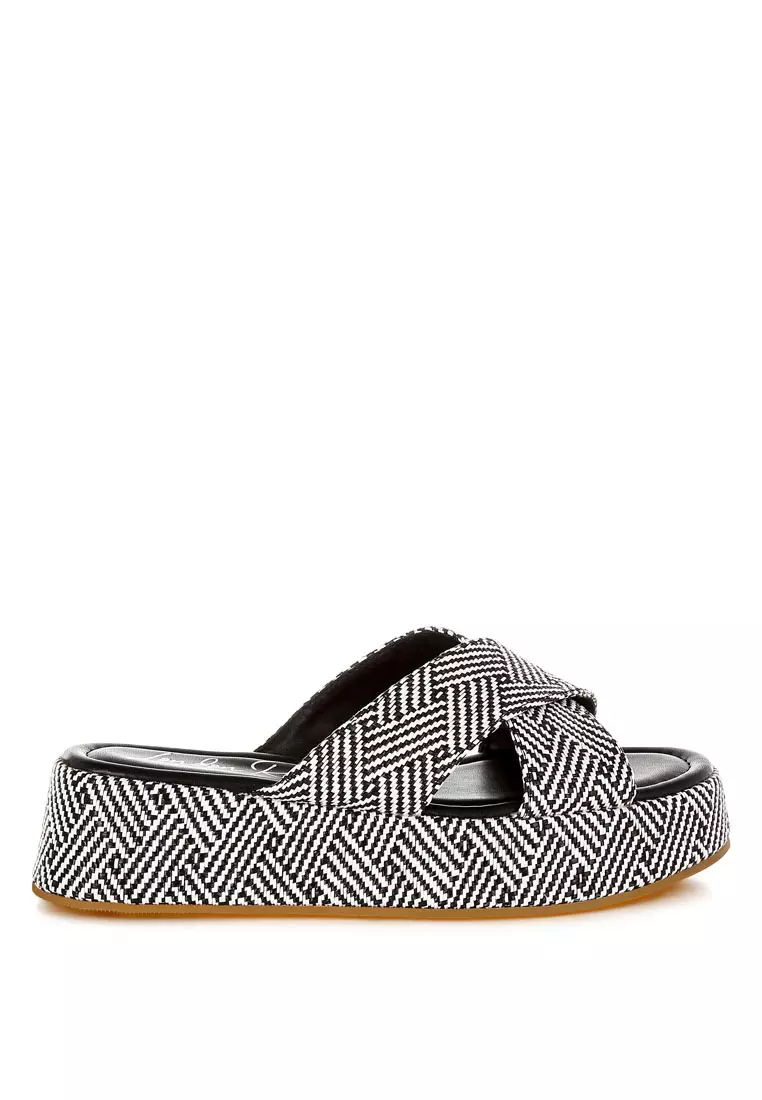 Discount on London Rag  shoes - SKU: Raffia Flatform Slip Ons In Black & White