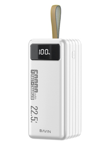 BAVIN white 60000mAh Powerbank Large Battery Capacity PC053 Built-In Cable And Flash Light 22.5W Fast Charge for Input and Output for Micro Lightning and Type-C plus 8 Output C1029ESE82551CGS_1