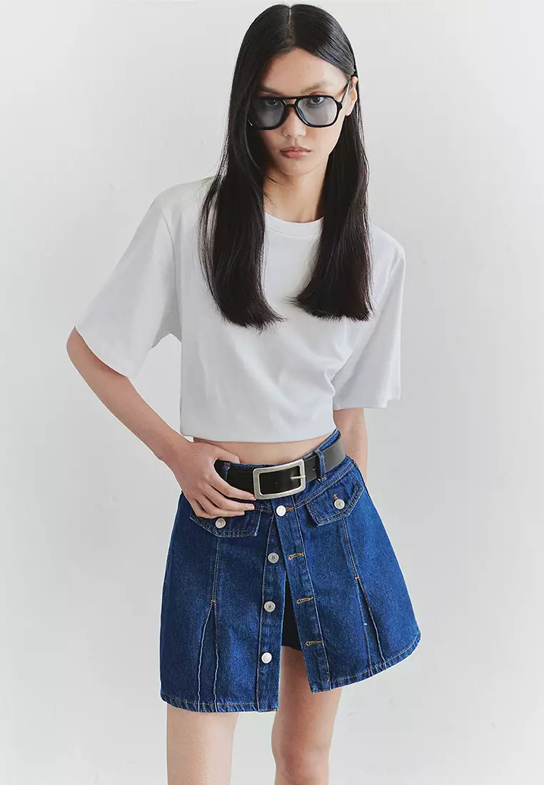 Dark Blue Button Detailed Denim Shorts Skirt