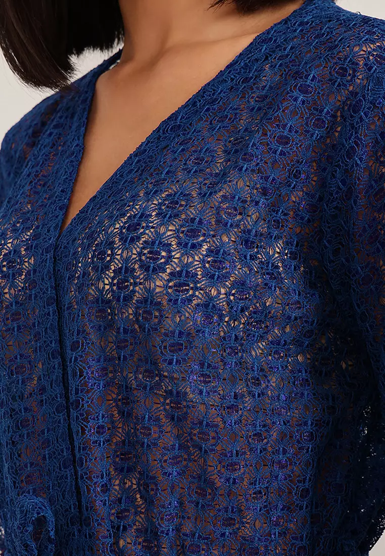 Clovia Chic Basic Sheer Robe in Royal Blue - Lace