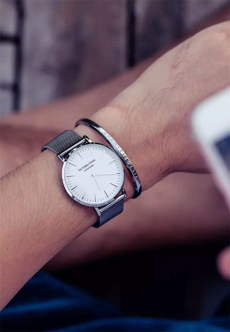 中性休闲表 男女通用 現代風格 38mm白色圓形表盤不鏽鋼網狀表帶-銀色