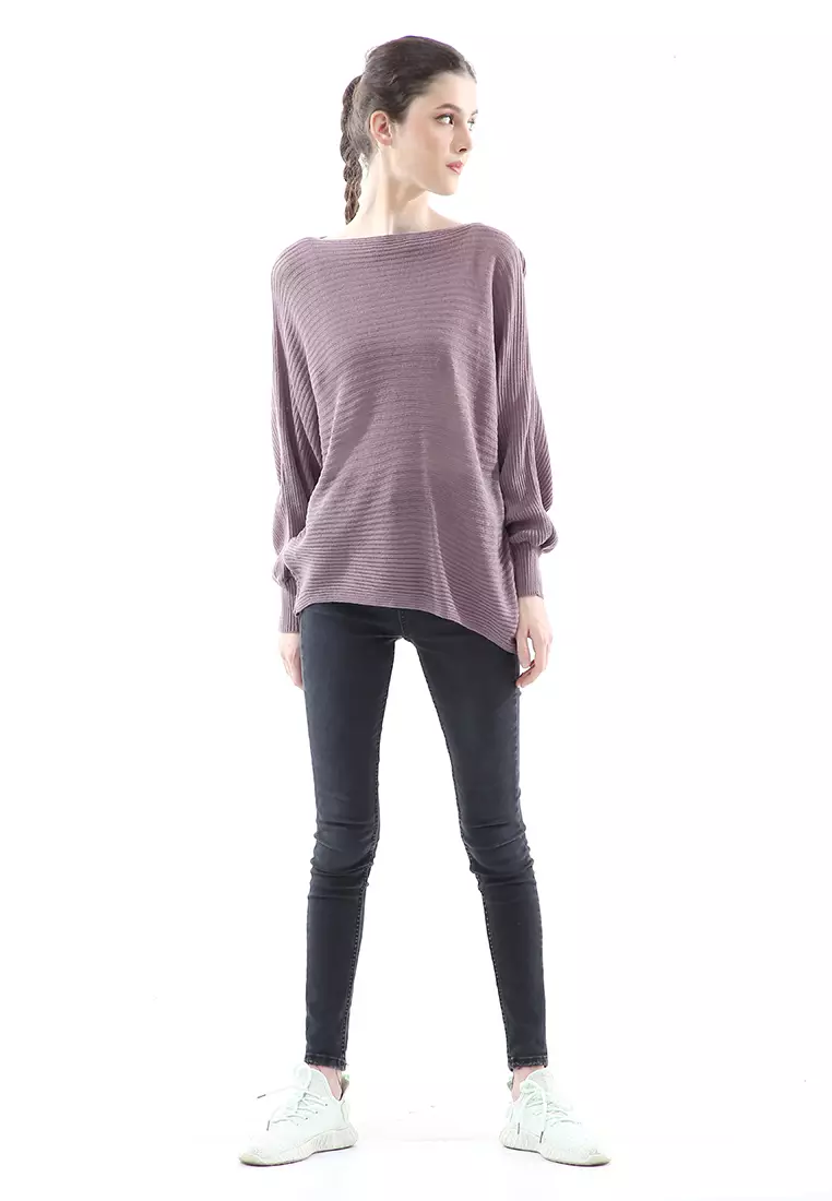 Eveline Sweater Rajut Batwing Atasan Wanita Motif Polos High Quality - Burgundy