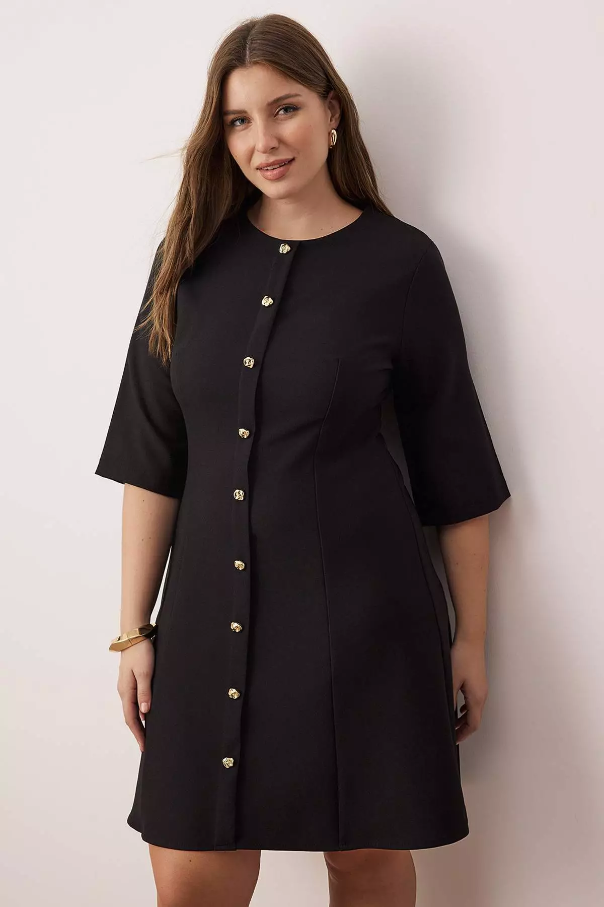 Black Gold Button Mini Woven Plus Size Dress Tbbaw26Ah00068