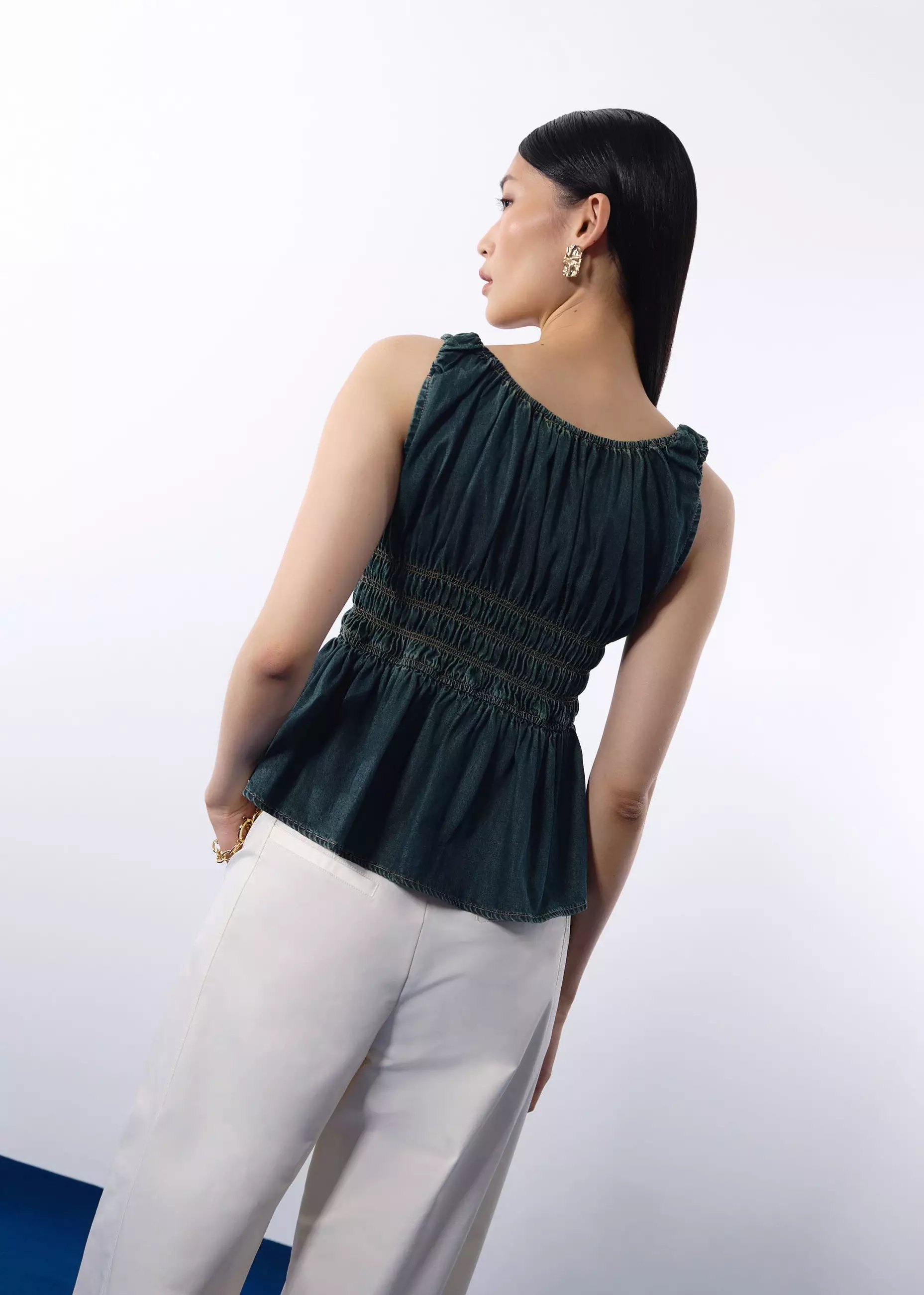 Atasan Wanita - Ruched Vintage Wash Denim Tunic Top