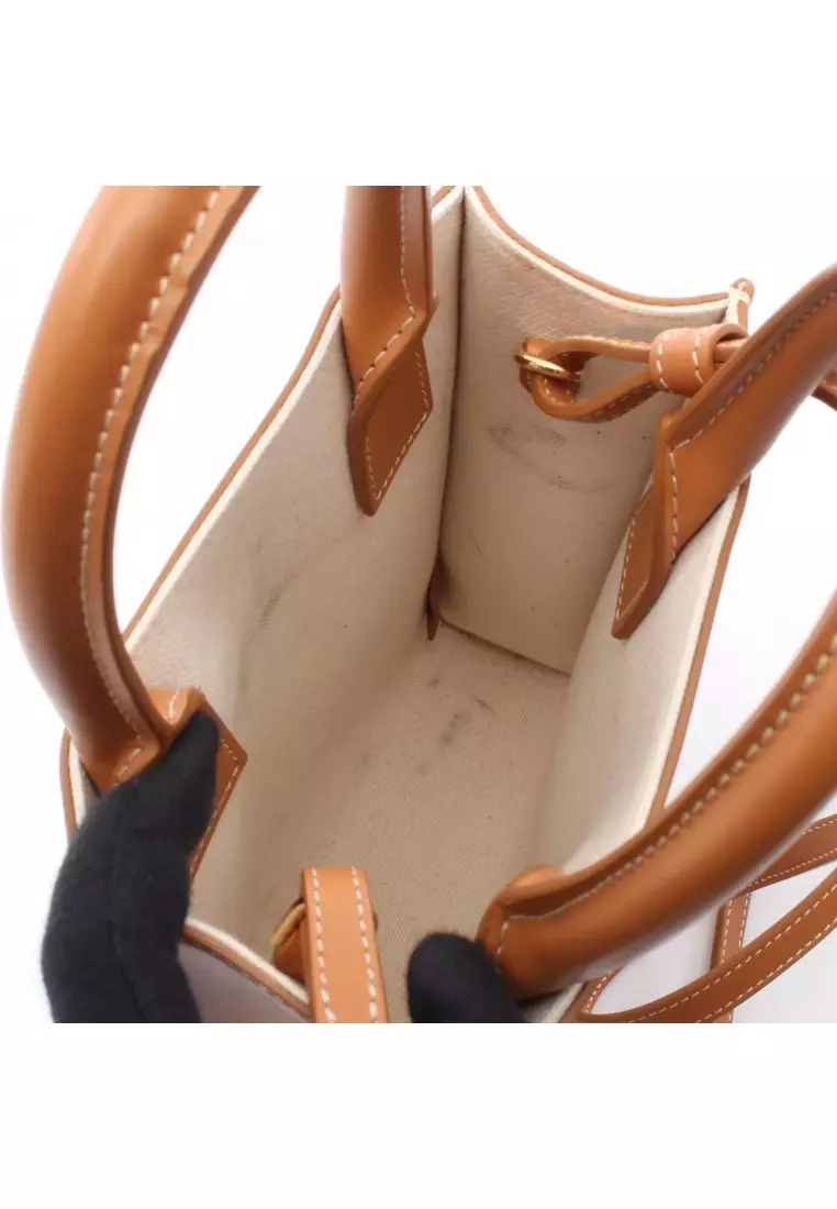 Pre-Loved Celine mini Vertical Cabas Handbag canvas leather ivory light brown 2WAY