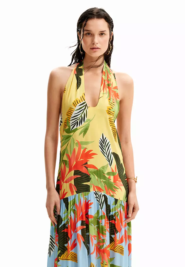 Desigual Woman Tropical halter neck maxi dress.