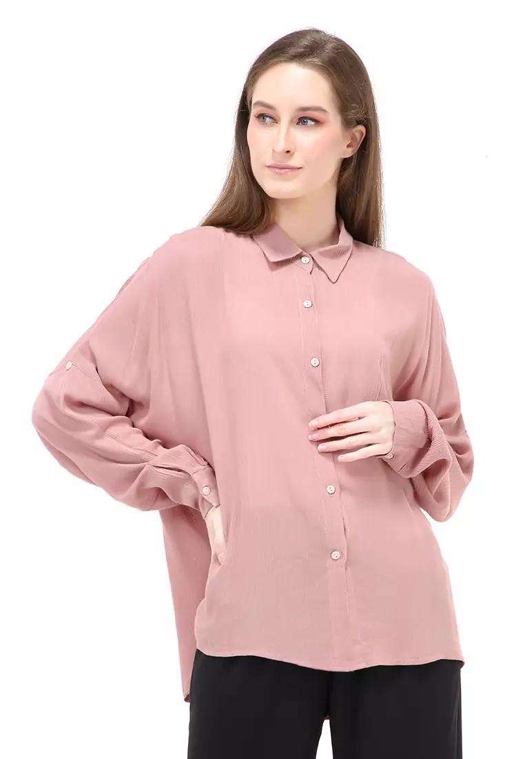 Laura Kemeja Long Sleeves Wanita Motif Polos Atasan Wanita Casual - Mauve