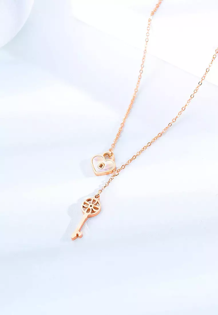 Flower pattern key & lock in Rose Gold Layered Steel Jewellery