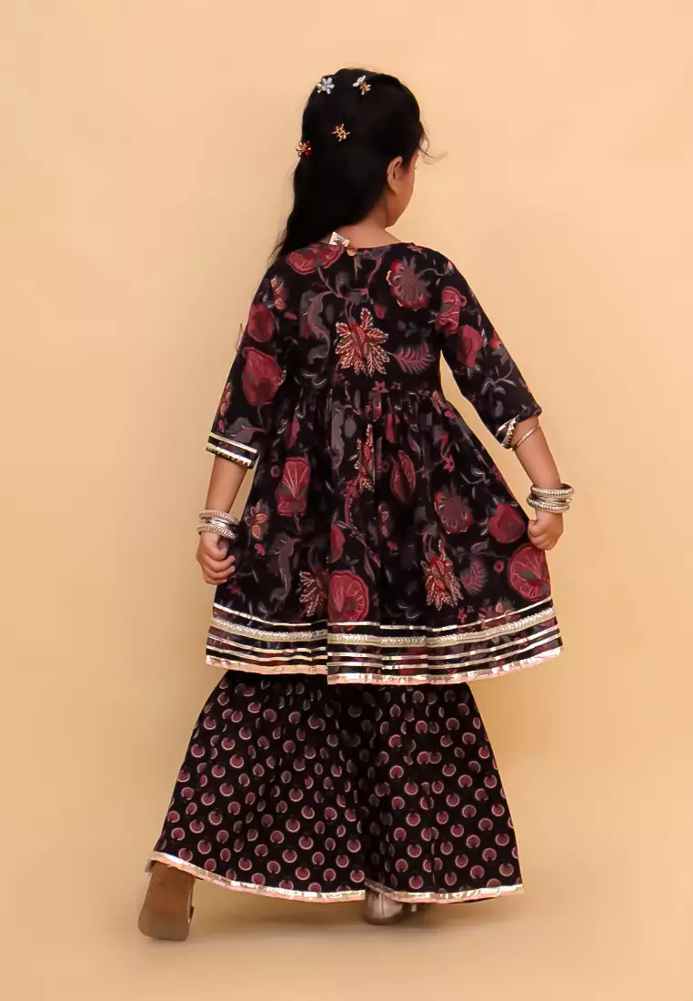 The Mom Store Kaali Katha Block Print Girls Anarkali Sharara Set - Multi