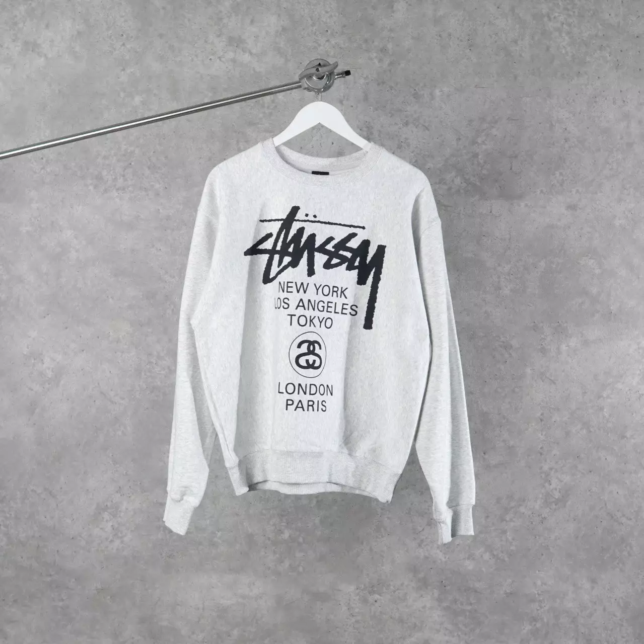 Sweater STUSSY WORLD TOUR BLACK OATMEAL GREY SWEATSHIRT 100% ORIGINAL