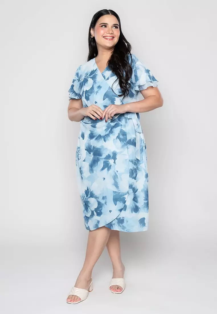 Milly Plus Size Martine Full Floral Digital Wrap Dress with Gathered Detail