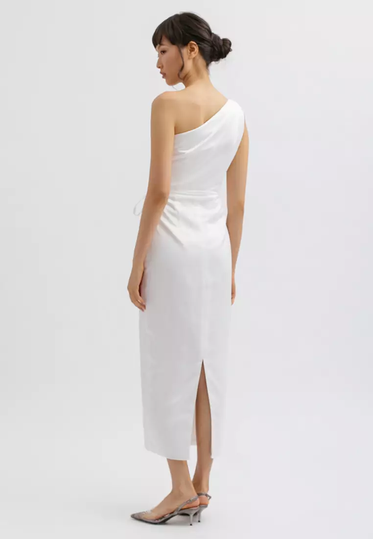 One Shoulder Tied Midi Dress in White