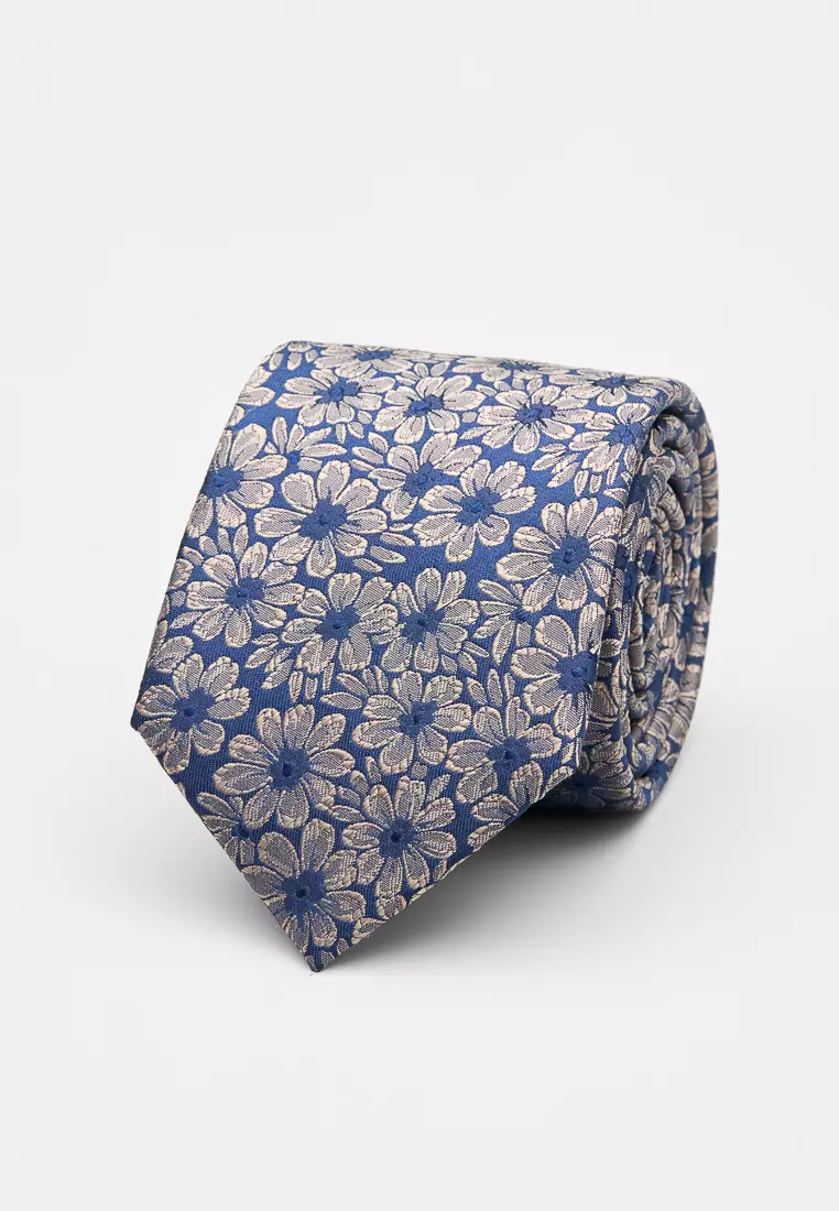 Blue with Gold Flowers Silk Tie