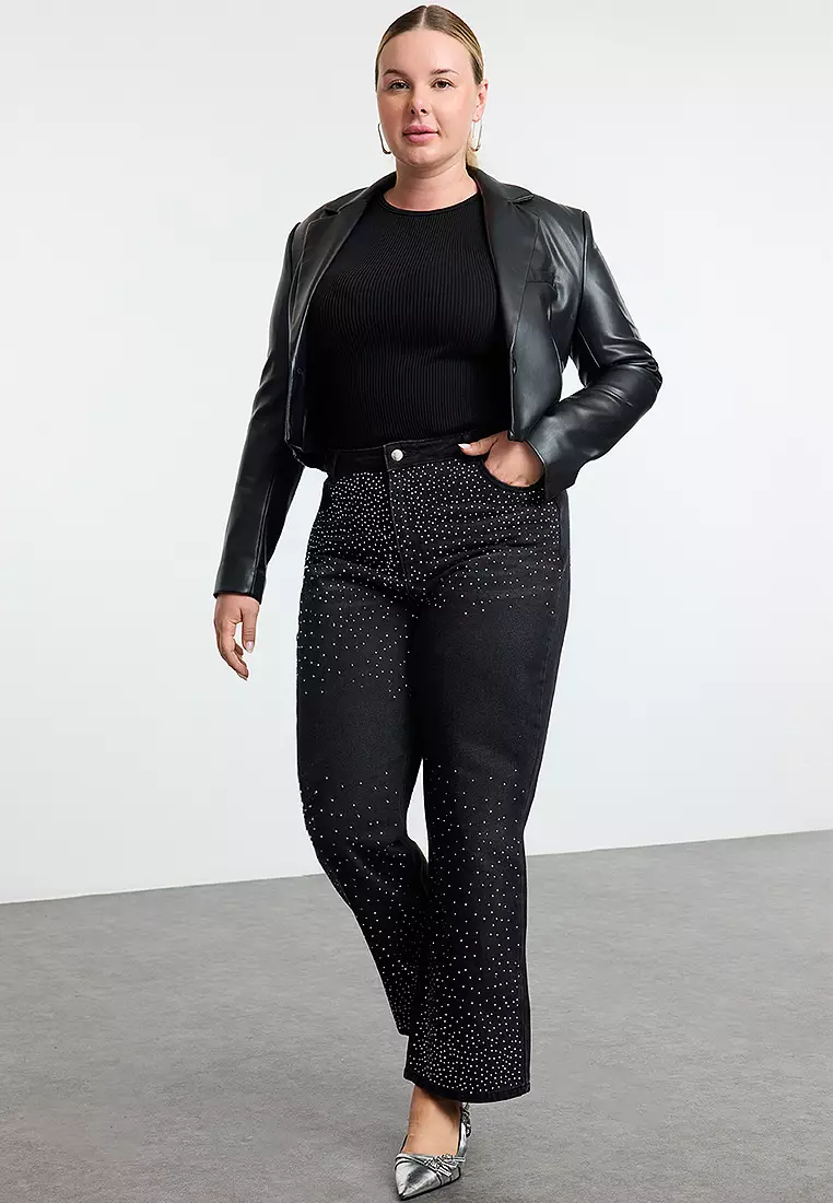 Stoned High Waist Straight Fit Jeans